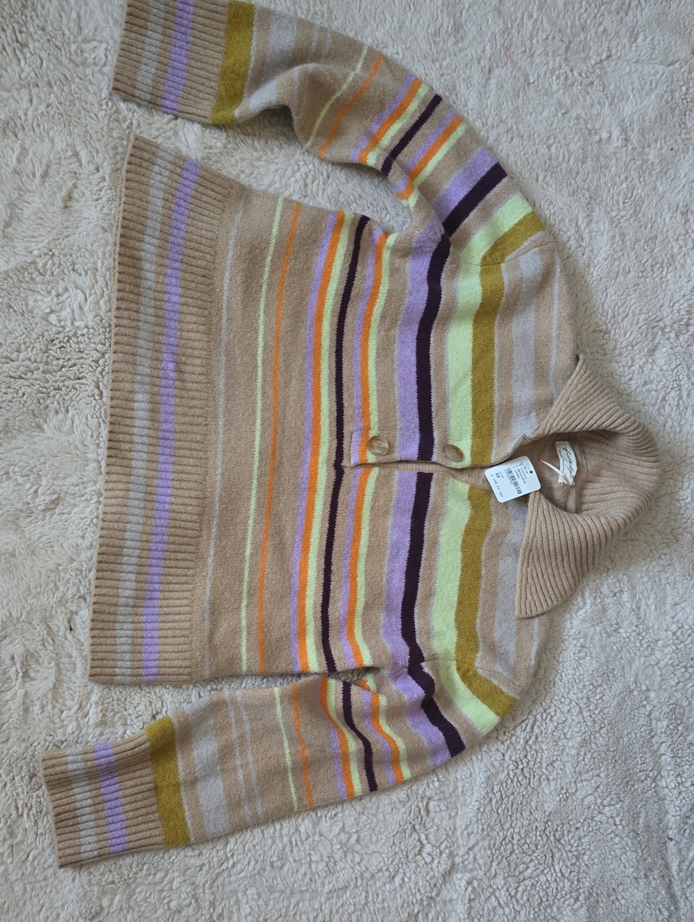 Free People Beige Cowl-Neck Sweater with Purple, Yellow, Orange & Brown Stripes